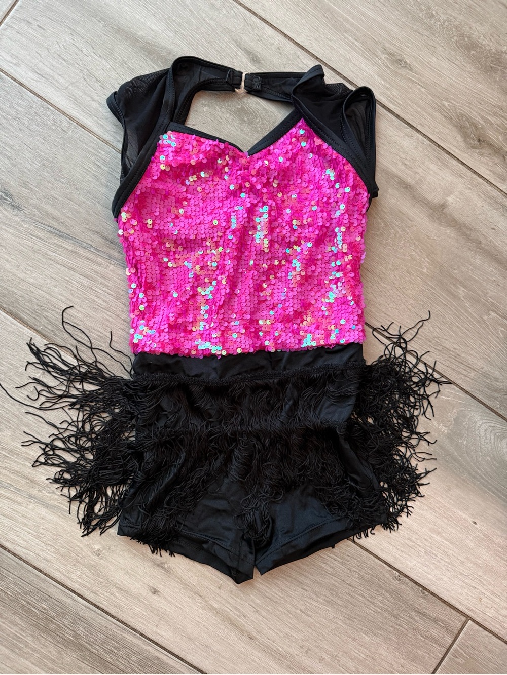 Weissman Hot Pink Sequin Dance Costume with Black Fringe